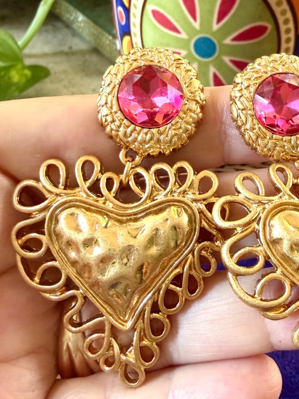 BAUER Vintage Heart Dangle Drop Statement Earrings ✨Candy PINK CRYSTAL/ GOLD